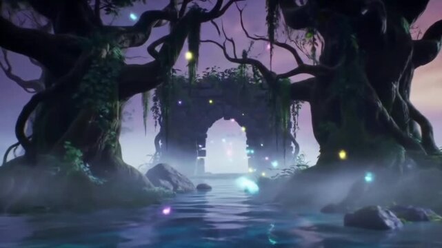 A mystical glowing forest at twilight, with soft ethereal fog drifting between ancient moss covered trees. Fireflies hover around a crystal-clear pond reflecting the purple and golden hues of the sky