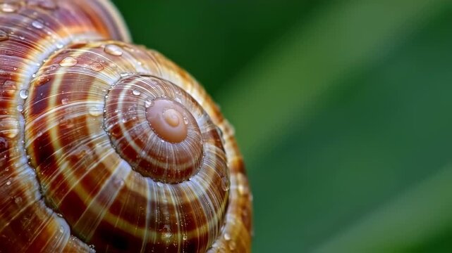 Close-up of a spiral snail shell with water droplets