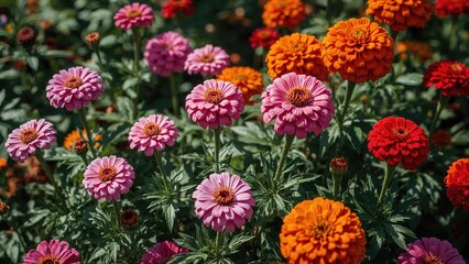 An abundant garden scene highlighting pink Zinnias alongside striking red Marigolds