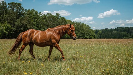 Fototapeta premium A stunning chestnut horse strolls calmly across a vibrant green meadow, soaking in the peaceful natural environment.