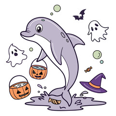 Cute SVG of a Shy Dolphin in Spooky Fun colors, featuring splashing in puddles in a Halloween setting