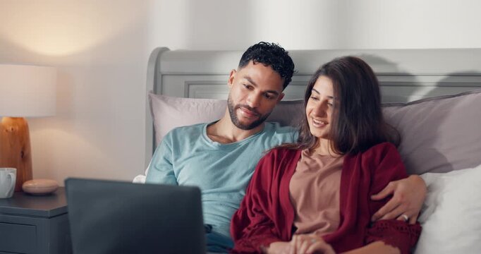 Laptop, relax and couple on bed for watching movies, streaming subscription and videos. Marriage, home and happy man with woman on computer with series for bonding, relationship and hug on weekend