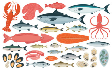 Naklejka premium Collection of fresh seafood and fish assortment