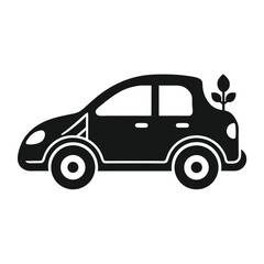 Fototapeta premium Black silhouette of a compact car with a leaf symbol on the back, isolated on white background
