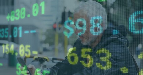 Senior man slipping earbud and unlocking phone while scrolling market figures monitoring portfolio - Powered by Adobe