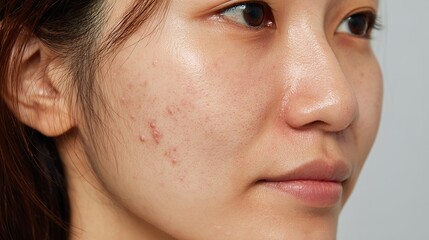 Fototapeta premium Close-Up of Asian Woman’s Face with Visible Acne and Blemishes Including Red Papules, Whiteheads, and Cysts, Showing Uneven Skin Texture and Inflammation Under Natural Lighting
