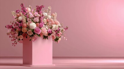 Pink floral arrangement on a modern pink pedestal, with matching background. Use this image for wedding designs, floral prints or romantic projects.