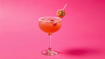 A clear glass filled with a cool mixed drink garnished with a candy on a vivid pink background