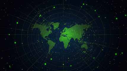 Digital World Map with Green Grid and Starry Background