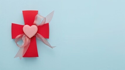 A crimson X mark accompanied by a blush heart and a teal card