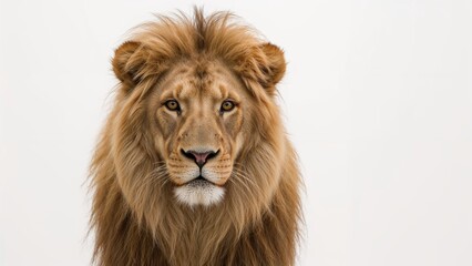 Detailed close-up shot of a mature Panthera leo lion aged eight years on a white surface.