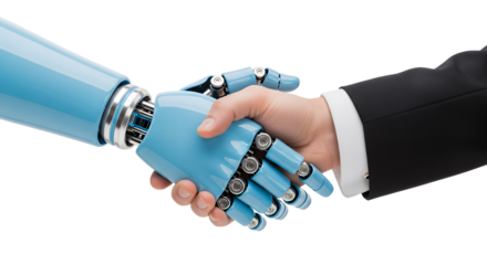 Human and robot hands shake offering a futuristic business partnership