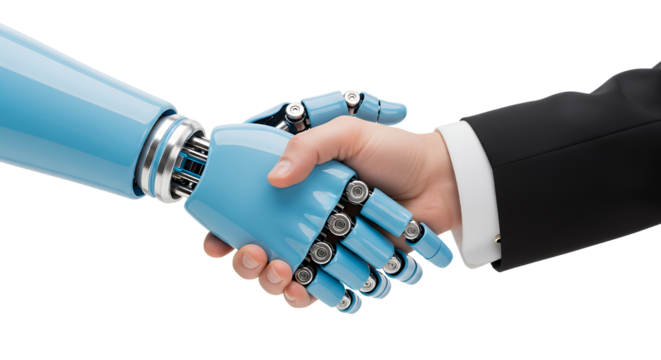 Human and robot hands shake offering a futuristic business partnership