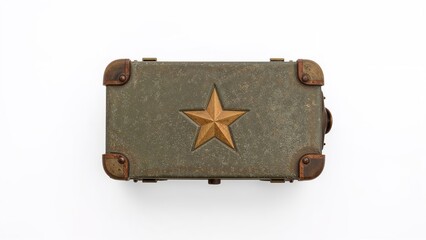 Fototapeta premium Steel ammunition box adorned with a star, displayed against a white backdrop. World War II artifact.
