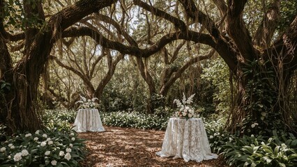 A photograph of charming wedding ornamentation with lush plants and trees