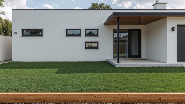 Contemporary dwelling's front yard incorporating fake grass and wooden trim