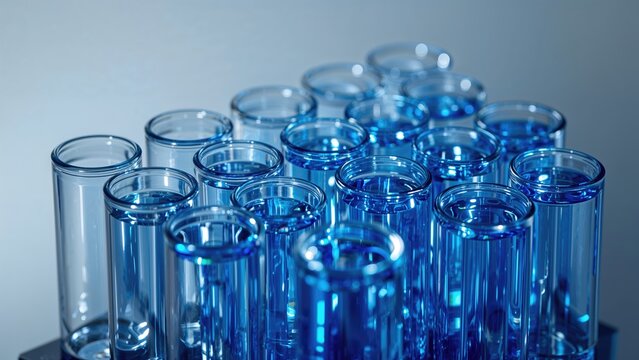 Detailed view of multiple test tubes containing blue solution