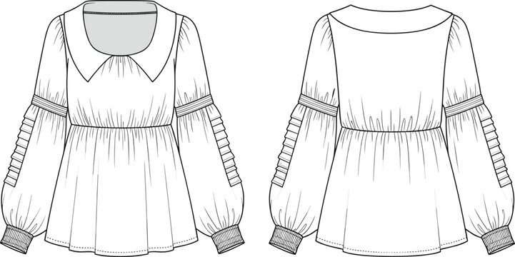 Technical fashion sketch of women's vintage-style blouse with Peter Pan collar, shirred balloon sleeves, and peplum hem, vector illustration.