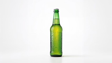 A chilled green beer bottle set against a pure white backdrop with a clipping path.