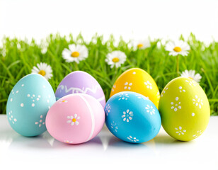 Fototapeta premium Colorful Easter Eggs on White Surface with Spring Decorations