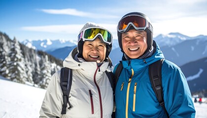 Happy senior couple smiles for a photo during a winter ski trip in the mountains