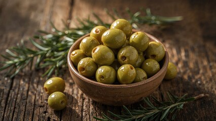 Detailed shot showing a bowl containing vibrant green olives set on a table