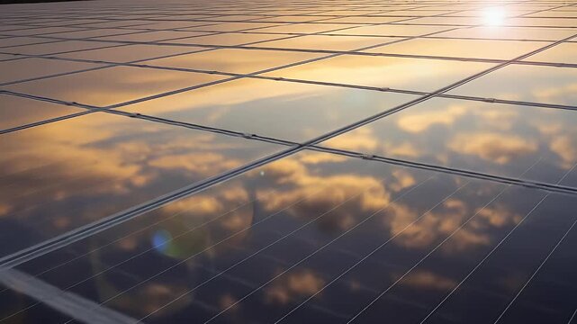 Expansive solar panel array reflecting a vibrant sunset sky with dramatic clouds, showcasing renewable energy generation.