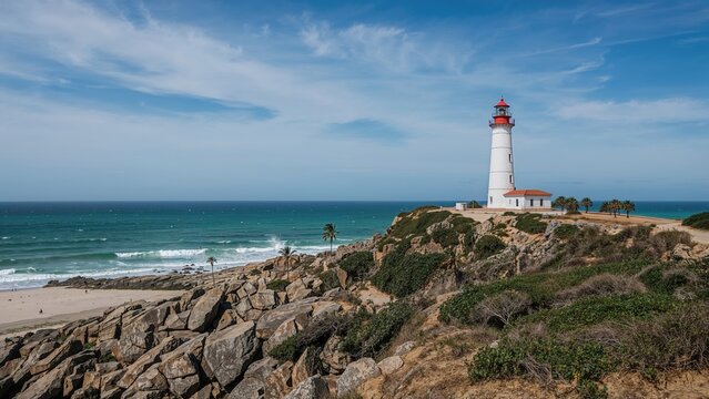 Rocky mountain lighthouse overlooking the ocean with powerful surf