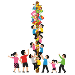 Children and adults participate in a pole climbing game, laden with colorful snacks.