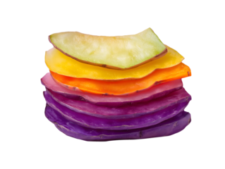 Stacked colorful slices of root vegetables creating a vibrant gradient of natural hues transparent background