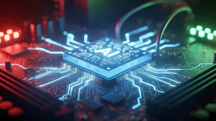 A glowing blue AI microprocessor on a circuit board with intricate, illuminated pathways. - Powered by Adobe