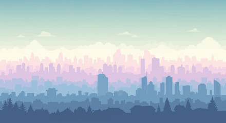 Layered cityscape vector illustration with a misty urban skyline and mountains in pastel colors