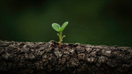 A small bright green shoot grows from the rough bark of a tree, symbolizing growth, strength, and the power of life.