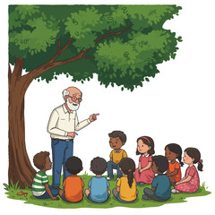 Elderly man narrates a story to a captivated group of children seated under a large tree.