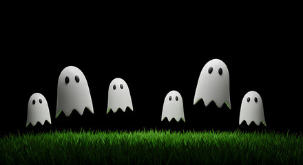 Minimalist Ghost Trio Floating Over Grass – Simple Halloween Design