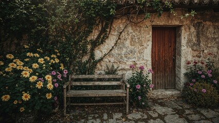 Obraz premium Stone edifice alongside a bench in a rustic village