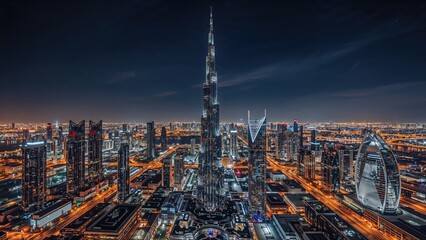 Fototapeta premium A distinctive view of towering skyscrapers and urban skyline illuminated by moonlight at night.