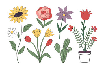 Blooming Diversity: A vibrant collection of illustrated flowers showcases a colorful array of floral beauty and botanical design, radiating natural charm.