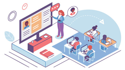 Online education classroom with teacher and students learning remotely on computers and screen