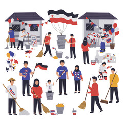 People cleaning and decorating houses with flags and balloons, preparing for a celebration or national holiday.