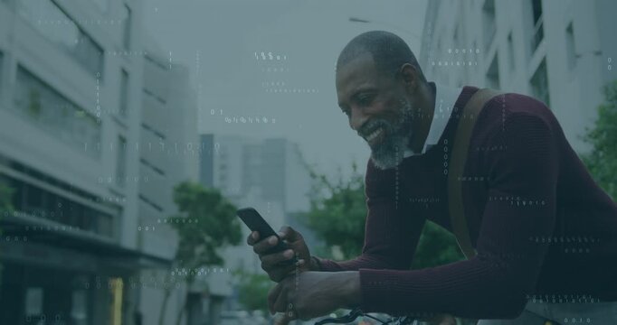 Dismounting bicycle, business commuter retrieving smartphone, scrolling message and resuming ride