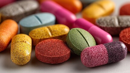 Stacked Colorful Textured Tablets and Capsules - Visual Material for Medical Health Promotion