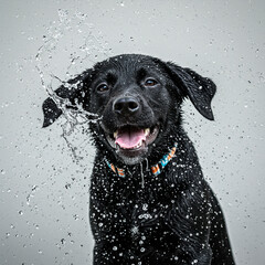 Joyful Labrador Puppy Shaking Water in Photorealistic Portrait on White.