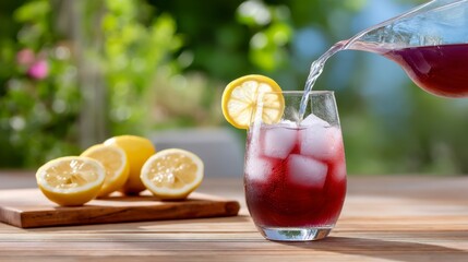 Fresh Lemonade Poured: A refreshing burst of summer captured as the vibrant purple lemonade is poured into a glass filled with ice, garnished with lemon slices.