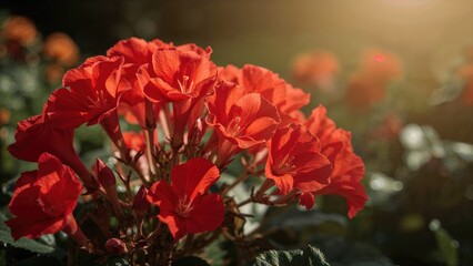 Fototapeta premium Detailed view of bright red Begonias blooming in a lush garden during summer.