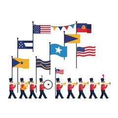 A marching band parades with various flags, including the American flag, under a festive bunting banner.