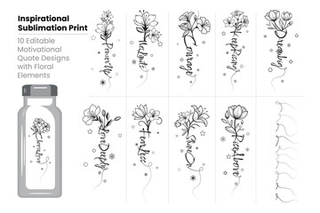 Inspirational Sublimation Print Bundle – 10 Motivational Quote Designs with Floral Elements