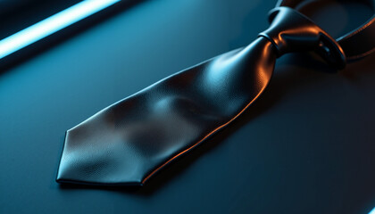 Black tie laid on a modern dresser with blue lighting accents  