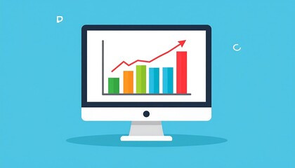 Computer screen displays upward trending bar graph