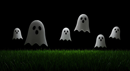 Minimalist Ghost Trio Floating Over Grass – Simple Halloween Design